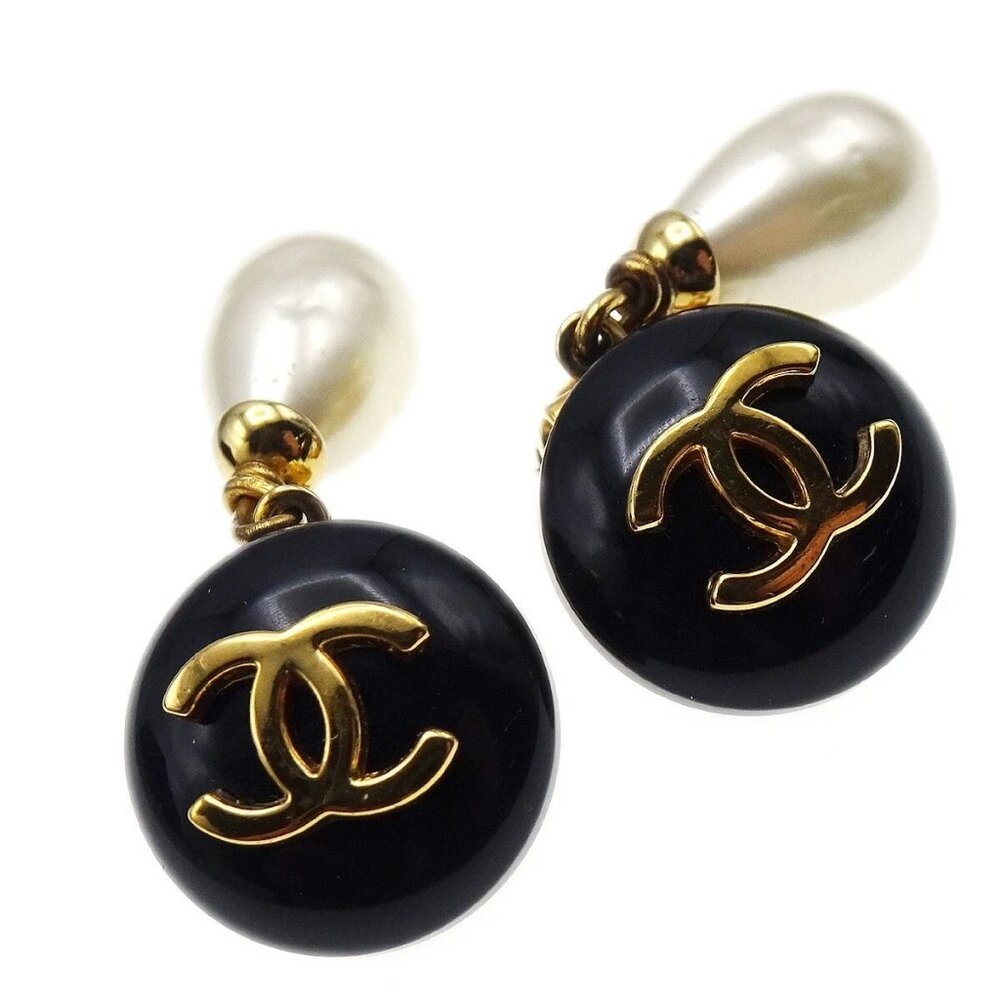 Chanel Artificial Pearl Dangle Earrings Clip-On 96P Black Gold 171169 - Picture 4 of 4